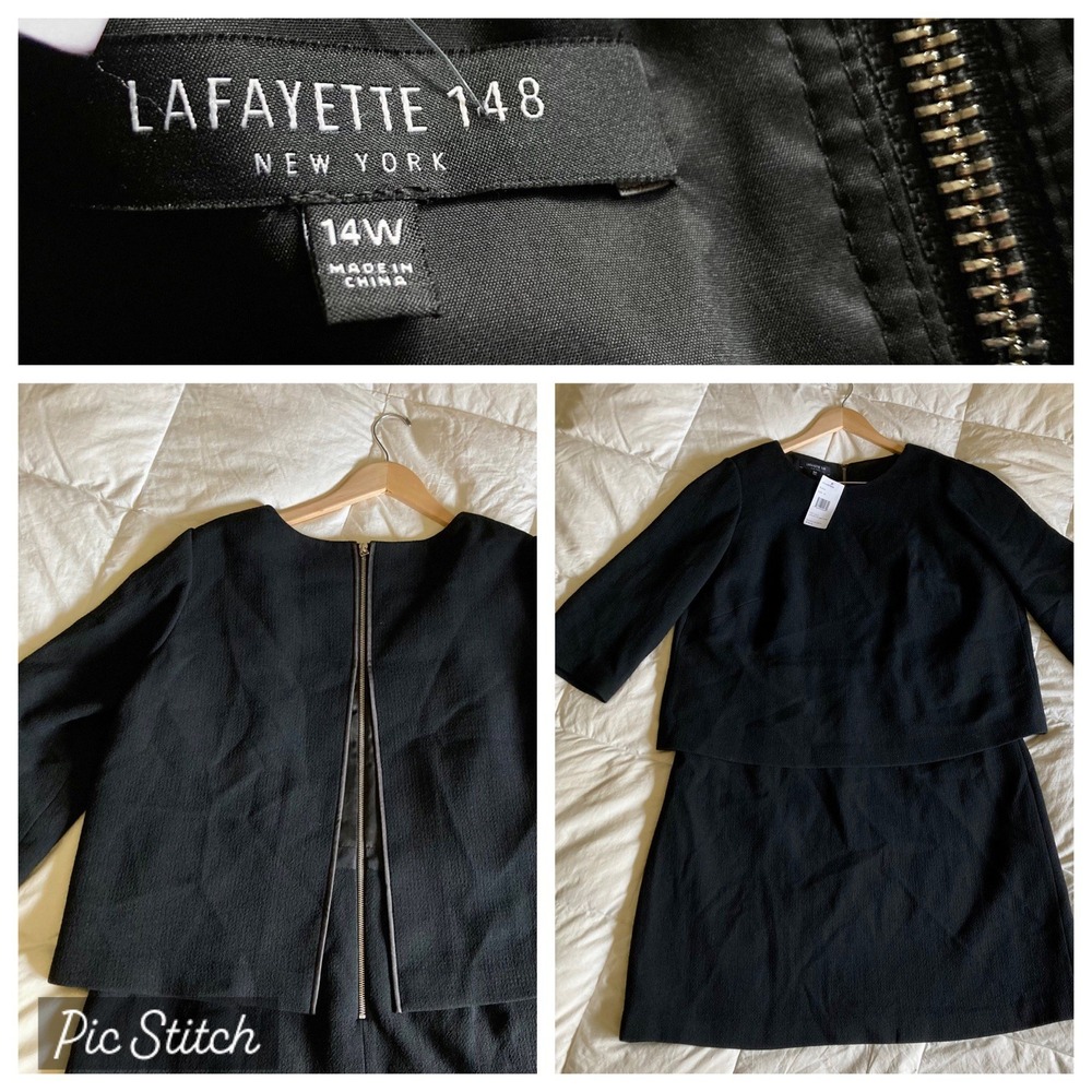 NWT Lafayette 148 NY 14W 100% Wool A-Line Sheath Midi 3/4 Sleeve Dress Black